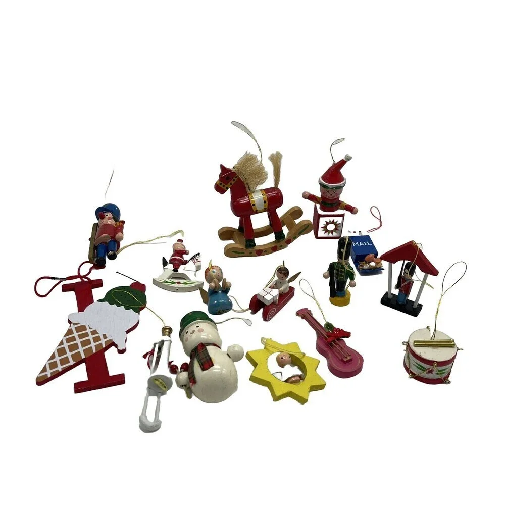 Lot 15 Christmas Ornaments Wood Vintage Mini Wooden Painted Angel Drum Snowman
